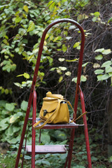 front view of yellow hippster handbag on ladder