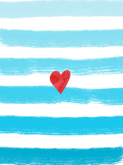 Fototapeta premium Little red heart on rough paintbrush effect blue stripes, perfect as a card or print on a nursery wall