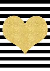 Gold glitter effect heart on a black and white striped background, perfect as a card or wall art