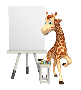Giraffe cartoon character with easel board