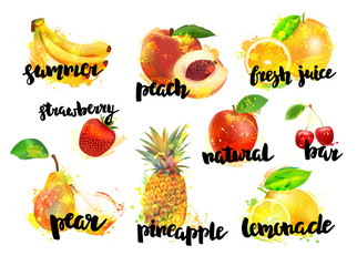 Big set of fresh fruits and berries. Banana, peach, lemon, strawberry, apple, cherry, pear, pineapple, orange with lettering.