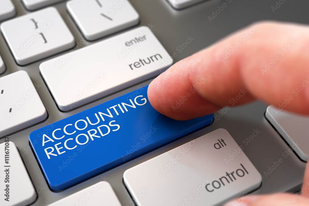 Poster computer user presses accounting records blue key. hand using modern keyboard with accounting record