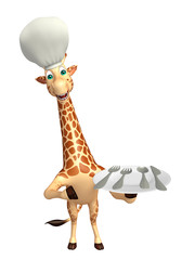 Giraffe cartoon character with chef hat and dinner plate
