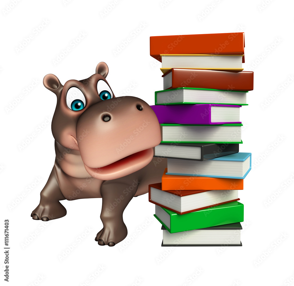 Wall mural Hippo cartoon character with book