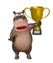 cute Hippo cartoon character with winning cup