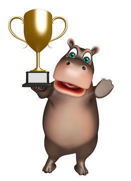 fun Hippo cartoon character  with winning cup