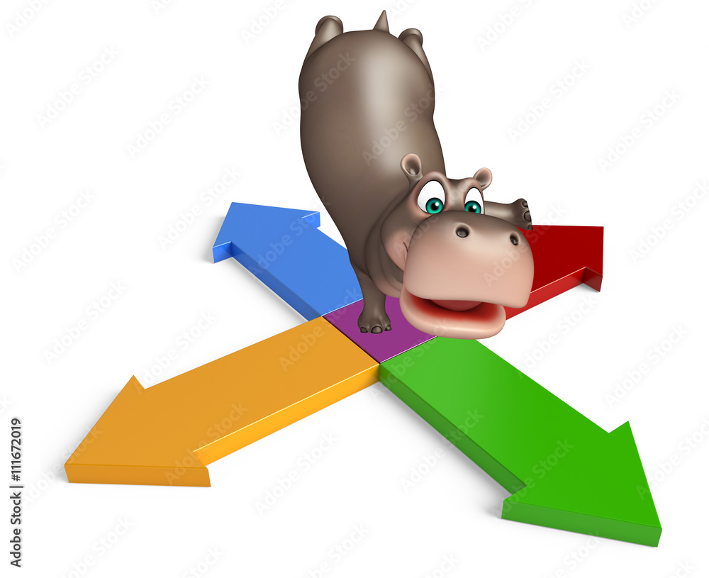 Poster fun Hippo cartoon character  with arrow