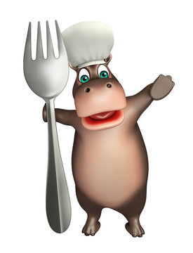 fun Hippo cartoon character with chef hat  and spoon