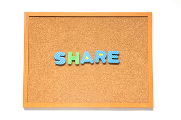 Corkboard with wording share on white background