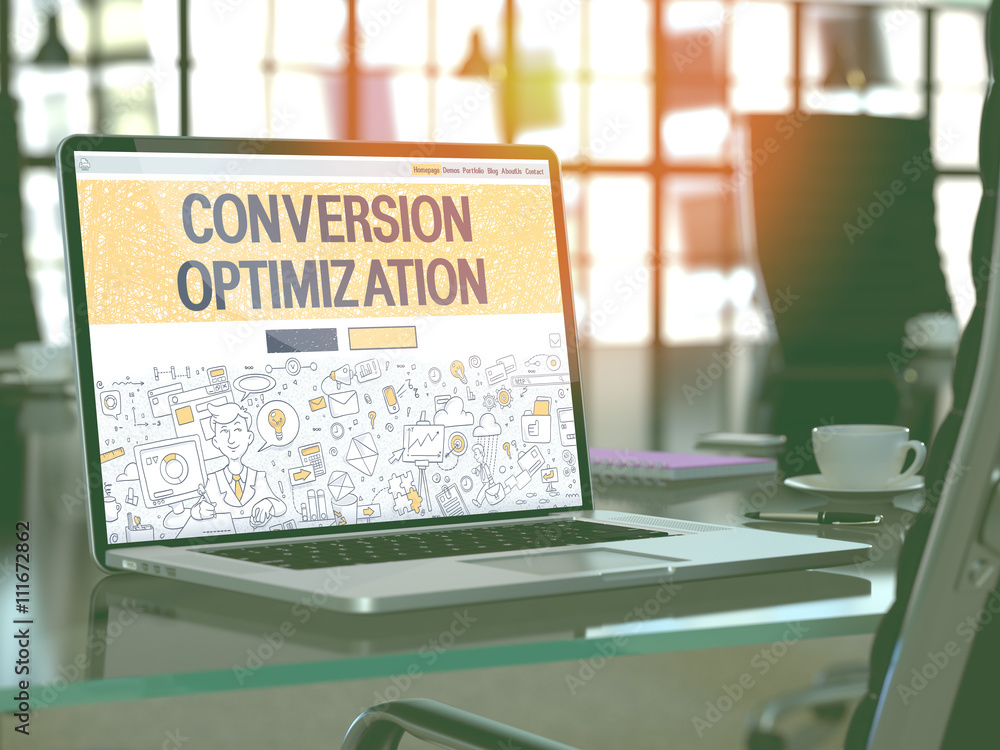Aufkleber conversion optimization concept closeup on landing page of laptop screen in modern office workplace.