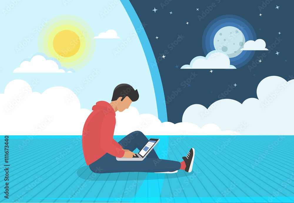 Poster young man sitting on the floor and working with laptop day and night. flat concept modern illustrati