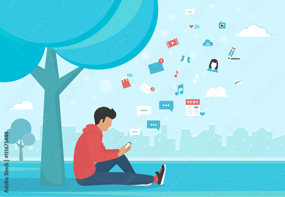 Poster young man sitting in the park under a tree and texting messages using smartphone. flat modern illust