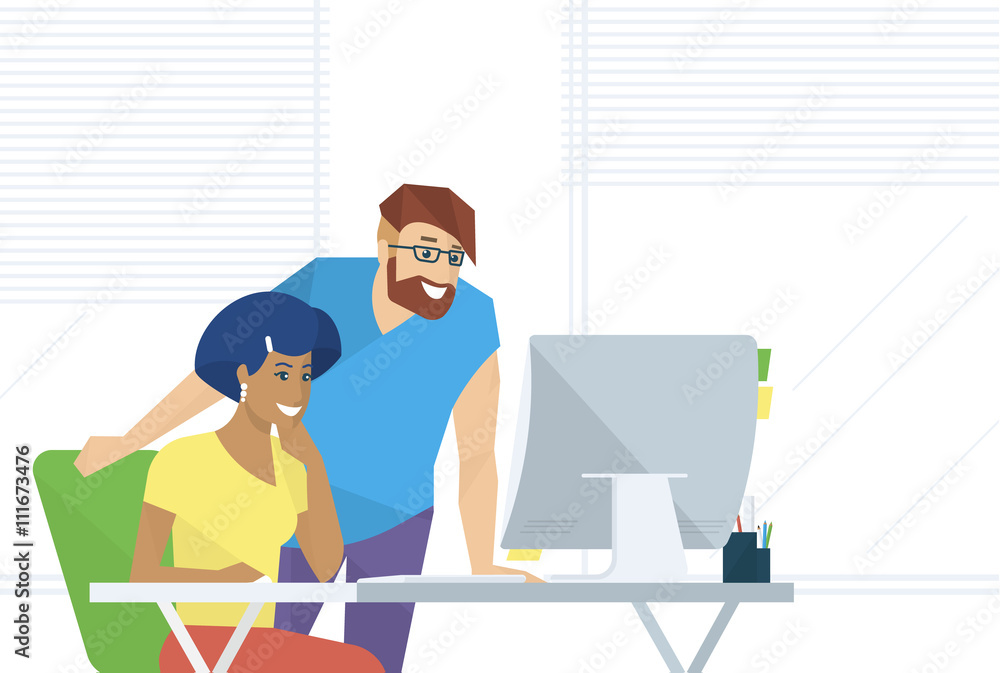 Poster creative people working in office with computer. flat illustration of project brainstorming and deve