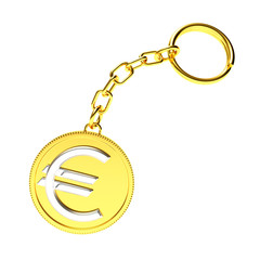 Golden key chain with euro sign isolated on white background. 