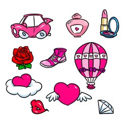 Fototapeta premium Glamour pink elements cartoon illustration car rose hearts spirits