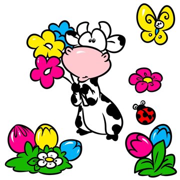 Cow flower butterfly elements cartoon illustration
