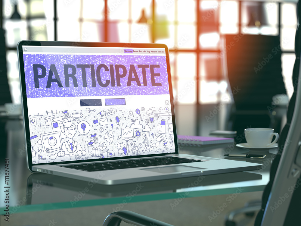 Poster participate concept. closeup landing page on laptop screen in doodle design style. on background of 