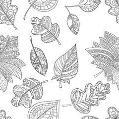Seamless pattern of decorative, abstract hand-drawn leaves.
Style zentangle. 
Monochrome range.