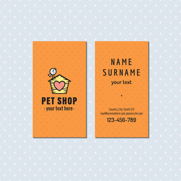 Pet shop orange vector business card. Cute multicolored logo with bird and house.
