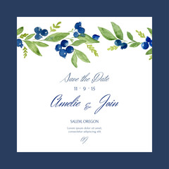 Save the date. Gentle template with traced watercolor blueberry.