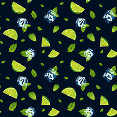 Seamless pattern, cool refreshing summer mojito with ice cubes, mint leaves and lime.