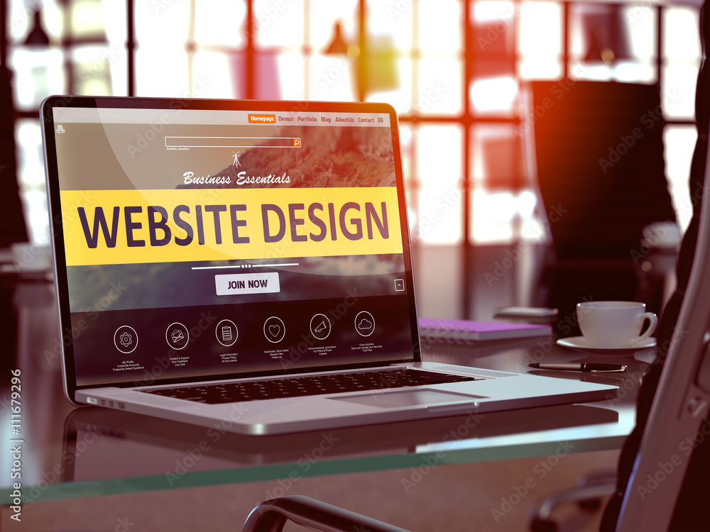 Poster website design concept. closeup landing page on laptop screen on background of comfortable working p