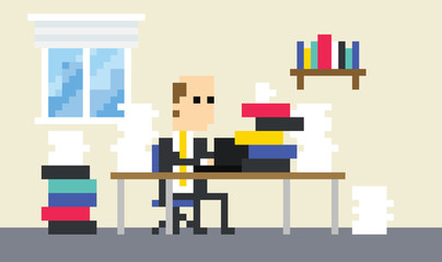 Pixel Art Image Of Businessman Working At Desk