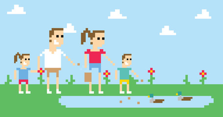 Obraz na płótnie Canvas Pixel Art Image Of Family Feeding Ducks In Park