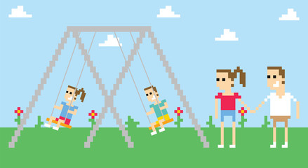Pixel Art Image Of Family Playing On Swings In Park