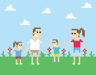 Pixel Art Image Of Family Holding Hands In Park