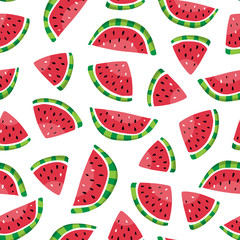 Seamless pattern of watermelon slices in the hand drawn style. Fresh summer fruit background. Vector illustration.