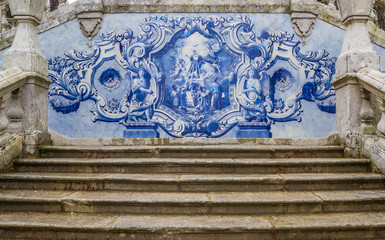 Religious scene in blue azulejos at the Remedios stairs in Lameg