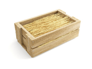 Wooden box with natural rafia, perspective view.