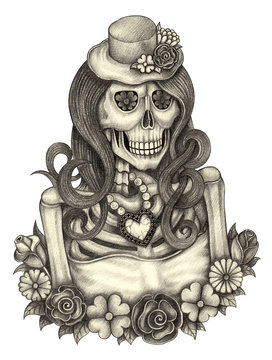 Skull art day of the dead.Art design women skull action smiley face day of the dead festival hand pencil drawing on paper.