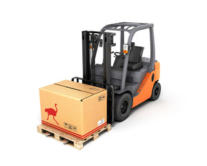 Forklift truck with box on pallet 3d