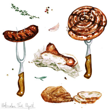Watercolor Food Clipart - Sausages