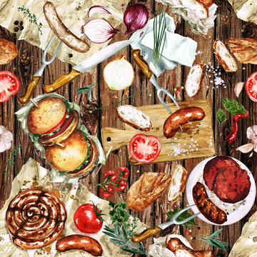 Watercolor Seamless pattern - Grilling