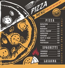 Pizza menu creative vector design concept on black chalkboard background. 