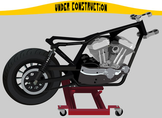 Chopper motorcycle frame with engine on a lift in assembling process with sign "Under construction" as metaphor of an empty server page error
