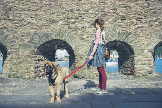Woman walking dog near stone walls