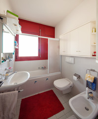 Bathroom with red carpet and bathtub