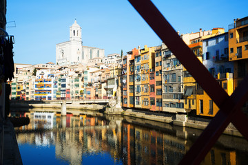  picturesque houses and church   in Girona. Catalonia, Spain