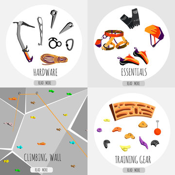 Rock Climbing Equipment And Training Gear In A Circle. Vector Illustration