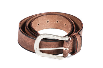 Men's brown leather belt isolated on white background