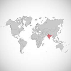 Fototapeta na wymiar World map with the mark of the country. India. Vector illustration.