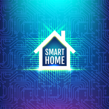 Circuit board background with  smart home sign.