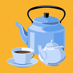 Cup, saucer, teapot and kettle. Tea party.
