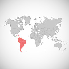 Fototapeta na wymiar World map with the mark of the country. South America. Vector illustration.