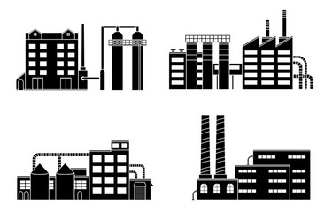 Obraz premium Factory set isolated on white background. Factory icon in the flat style. Industrial factory building. Factory concept. Manufacturing power factory building. Vector illustration.