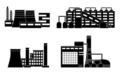 Factory set isolated on white background. Factory icon in the flat style. Industrial factory building. Factory concept. Manufacturing power factory building. Vector illustration.